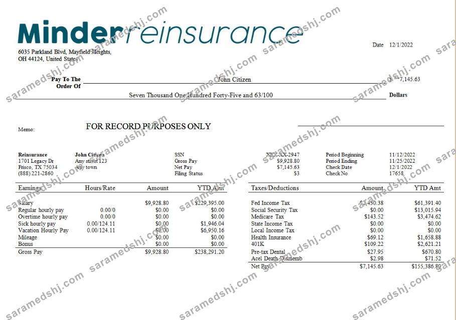 reinsurance company payroll template in Word and PDF formats